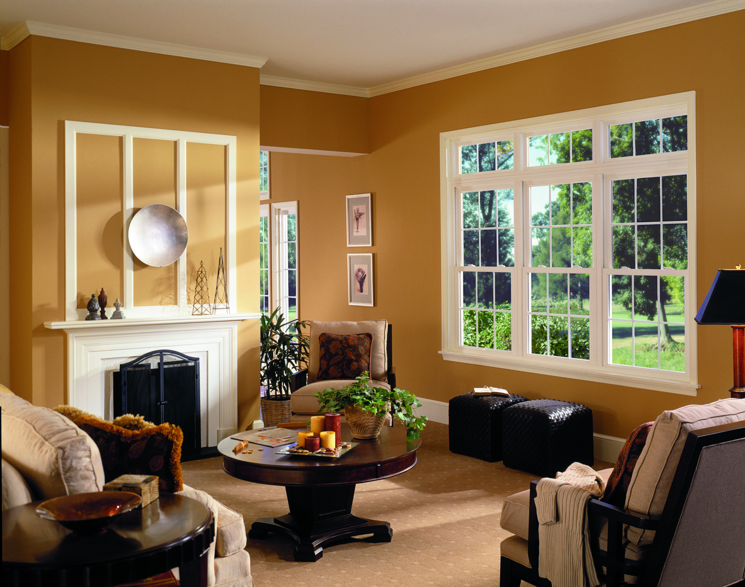 An attractive living area with large windows.