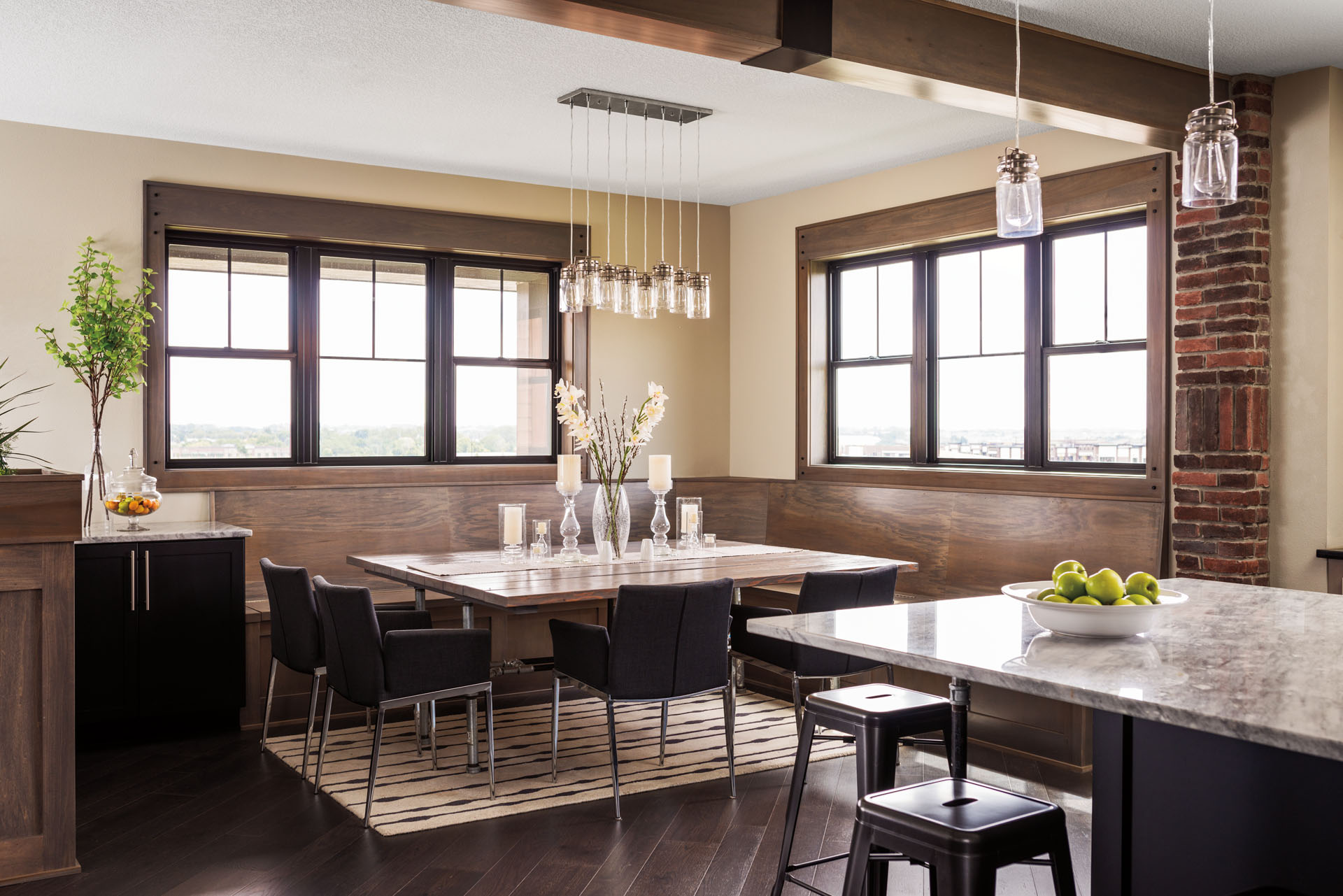 The view out of a beautiful residential dining room.